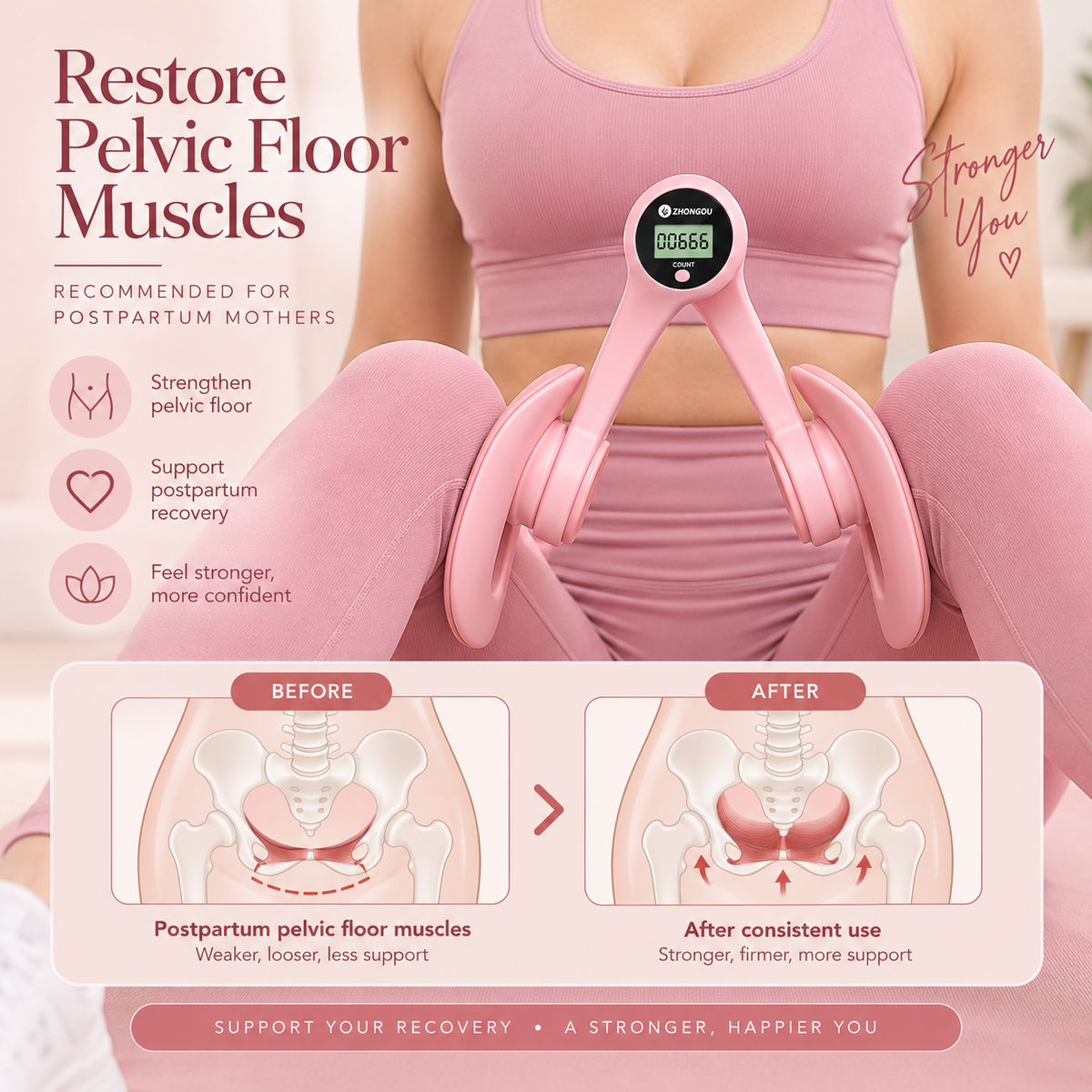 Pink pelvic floor trainer being worn by a woman in a pink sports bra and leggings, with text overlays promoting pelvic floor muscle restoration and before/after illustrations of pelvic floor support.