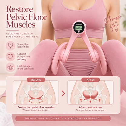 Pink pelvic floor trainer being worn by a woman in a pink sports bra and leggings, with text overlays promoting pelvic floor muscle restoration and before/after illustrations of pelvic floor support.